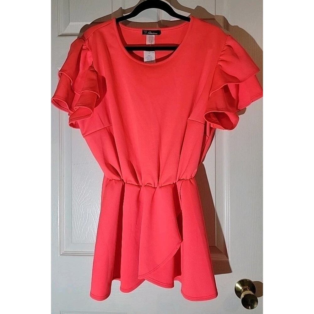 Orange Top Womens 3X Elastic Waist Ruffle Sleeves Peplum Blouse Shirred Spandex
